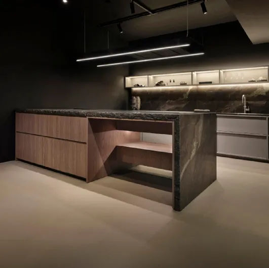 Design Kitchen with peninsula K table + Arena + Rim in lacquered and Maistri wood