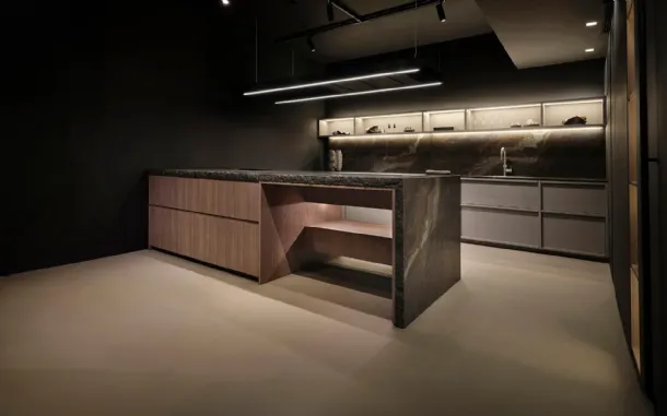 Design Kitchen with peninsula K table + Arena + Rim in lacquered and Maistri wood