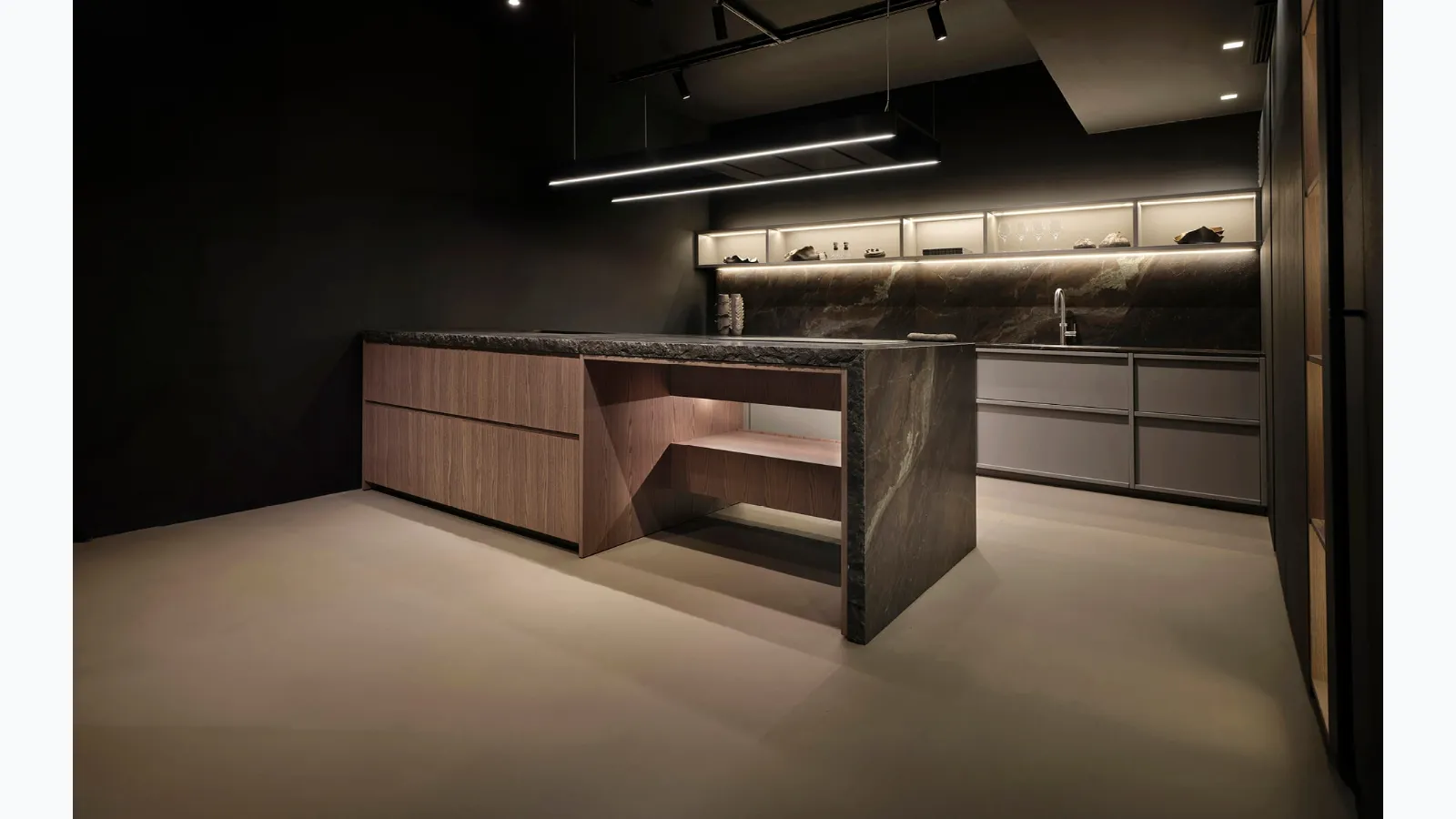 Design Kitchen with peninsula K table + Arena + Rim in lacquered and Maistri wood