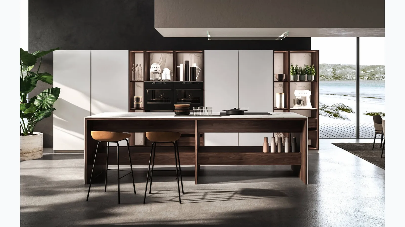 Design Kitchen with K table island in lacquered and Maistri wood