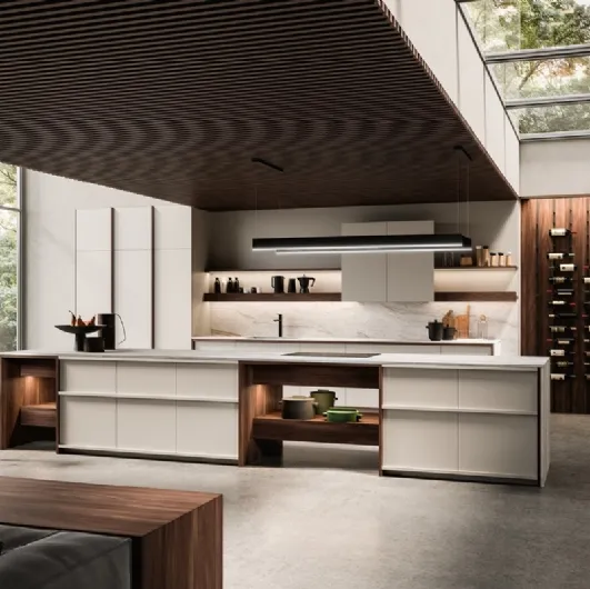 Design kitchen in ecru lacquered and walnut with Maistri's KTable island.