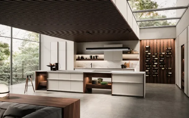 Design kitchen in ecru lacquered and walnut with Maistri's KTable island.