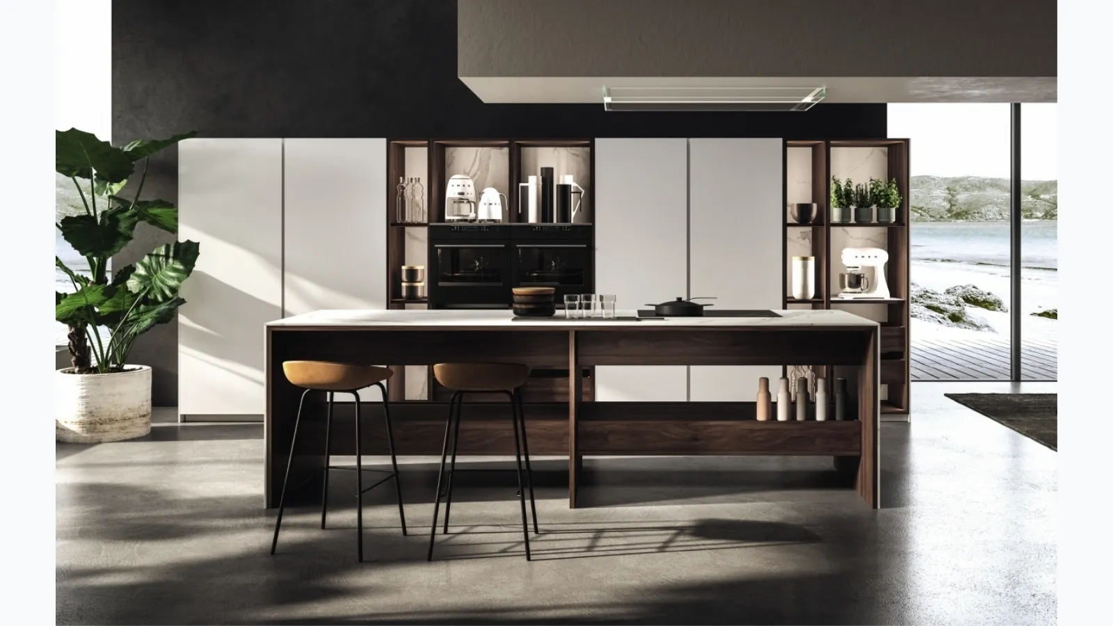 Design kitchen with KTable island in white lacquer and melamine by Maistri.