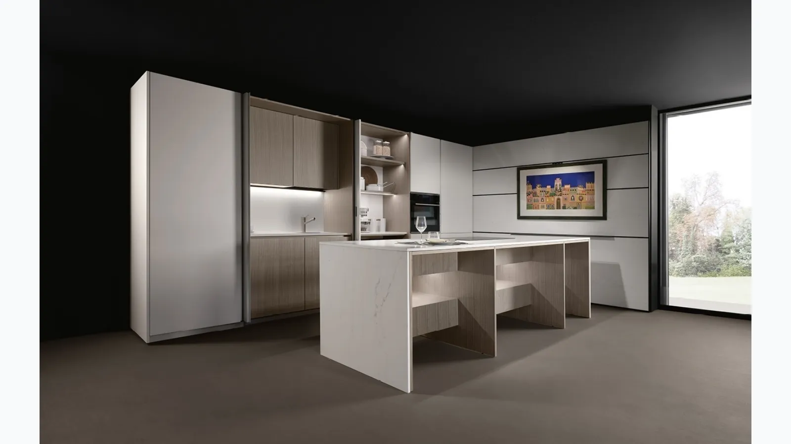 Kitchen Design with KTable ash wood and white fenix island by Maistri.