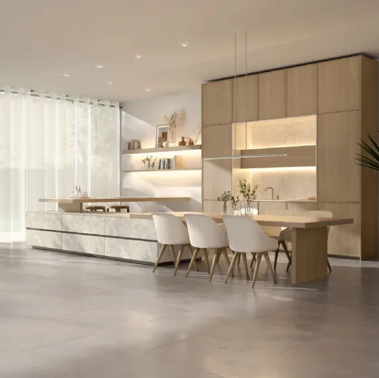 Design Kitchen with Peninsula Marea + Giza + Rim in wood and ceramic by Maistri