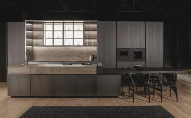 Design kitchen with Monolite island in Liquid Steel lacquered and Travertine marble by Scic