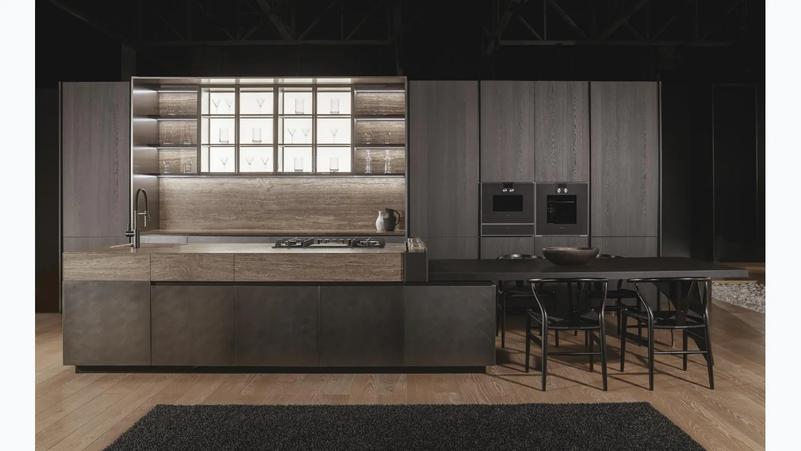 Design kitchen with Monolite island in Liquid Steel lacquered and Travertine marble by Scic