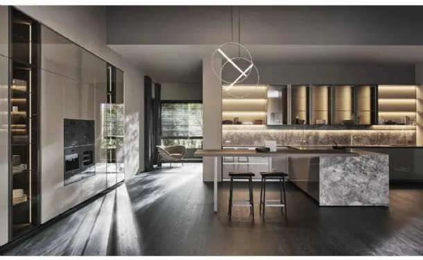 Design kitchen with peninsula Prime in glossy lacquered Clay and Stone by Molteni & C