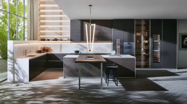 Kitchen design with Prime Dark Walnut island and lacquered finish with Molteni & C marble countertop