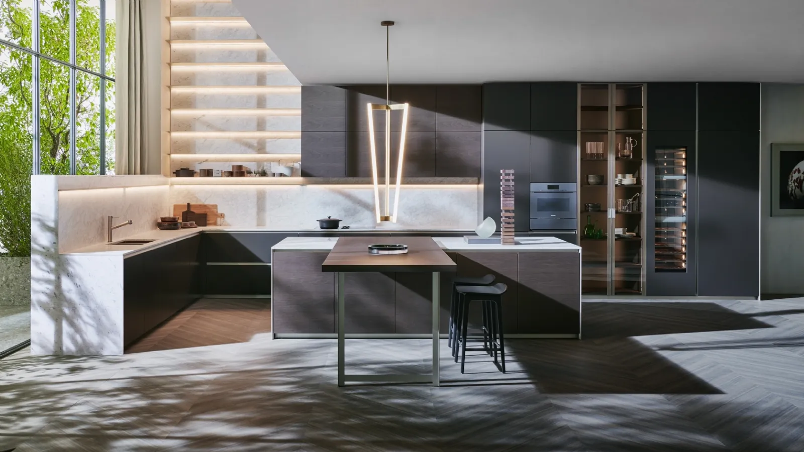 Kitchen design with Prime Dark Walnut island and lacquered finish with Molteni & C marble countertop