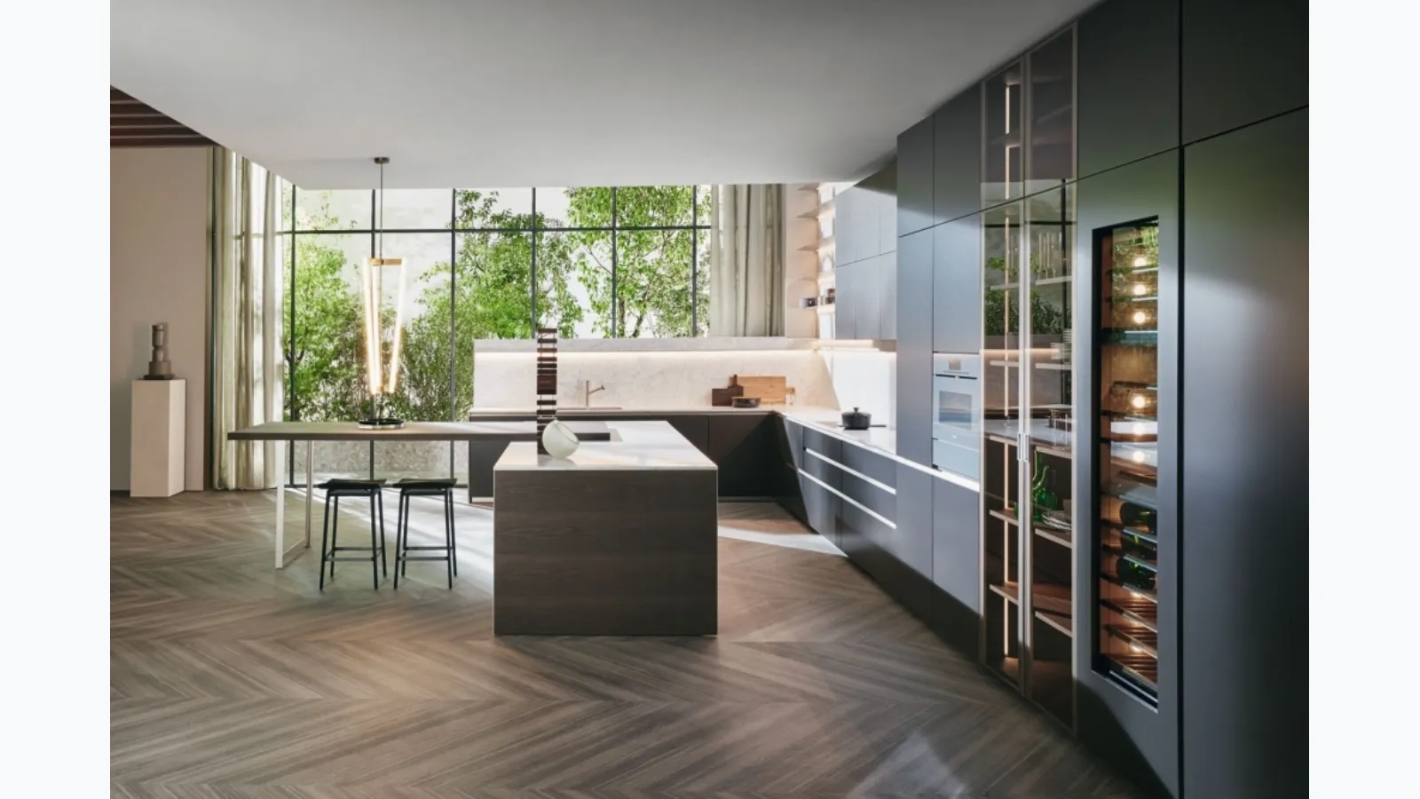 Prime Design Kitchen with Dark Walnut Island and lacquered finish with Molteni & C marble countertop.