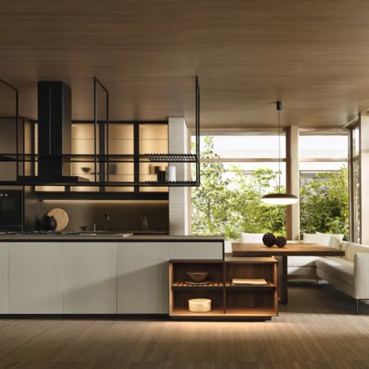Prime Design kitchen with island, top with shaped door, Glass wall units, and dark Walnut snack by Molteni & C.