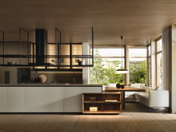Prime Design kitchen with island, top with shaped door, Glass wall units, and dark Walnut snack by Molteni & C.