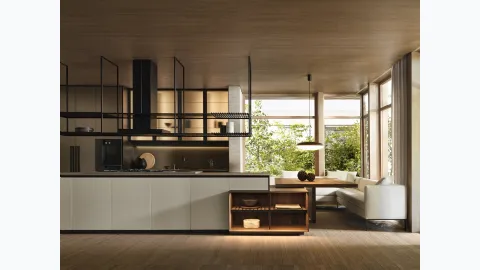 Prime Design kitchen with island, top with shaped door, Glass wall units, and dark Walnut snack by Molteni & C.