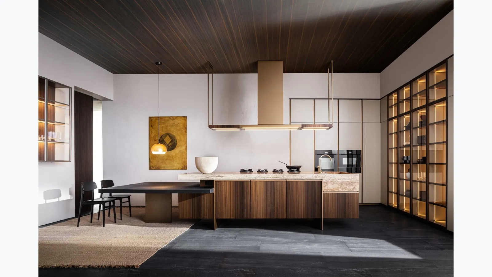 Design kitchen with Ratio island in Eucalyptus with Travertine marble top by Molteni & C.