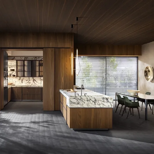 Design kitchen with Ratio peninsula in Thermo Oak and Glass with Molteni & C marble top.