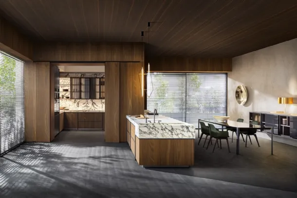 Design kitchen with Ratio peninsula in Thermo Oak and Glass with Molteni & C marble top.