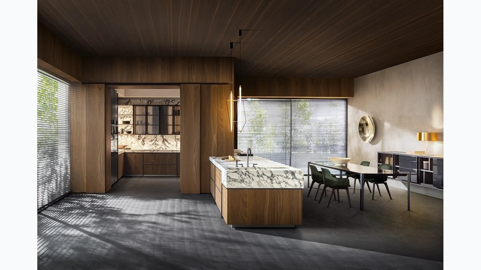 Design kitchen with Ratio peninsula in Thermo Oak and Glass with Molteni & C marble top.