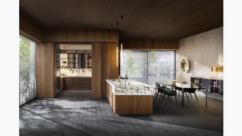 Design kitchen with Ratio peninsula in Thermo Oak and Glass with Molteni & C marble top.