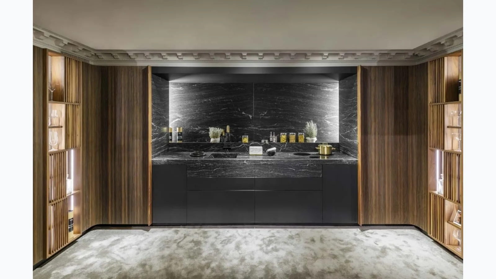 Linear kitchen design in Fenix Black and Swing Granite by Scic