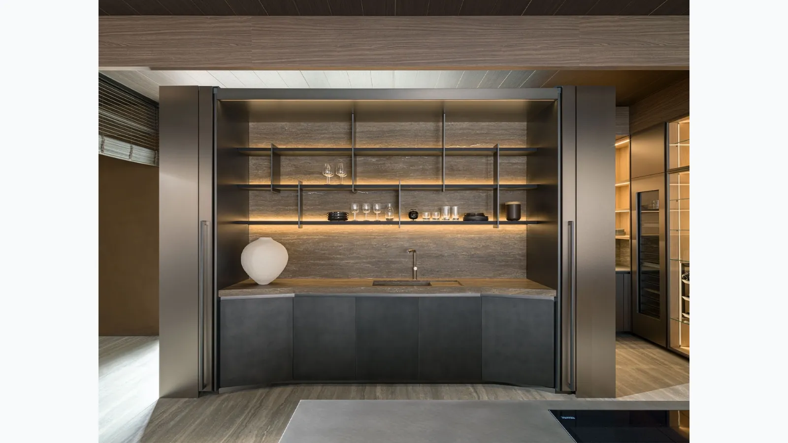 Tivalì 2|0 Kitchen Design by Yabu Pushelberg in steel with Molteni & C marble top.