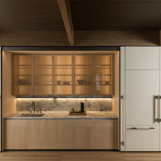 Linear Design Kitchen Tivalì 2|0 in Oak and Pearl lacquered with Molteni & C marble top.