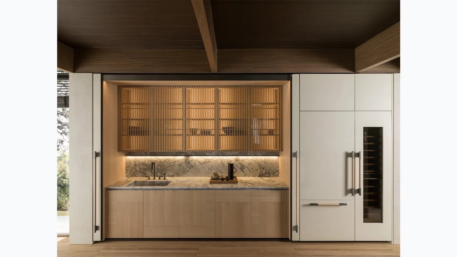 Linear Design Kitchen Tivalì 2|0 in Oak and Pearl lacquered with Molteni & C marble top.