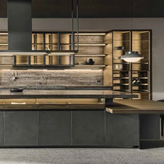 Design kitchen with VVD island in Nebula Steel and Thermo Oak with Molteni & C travertine marble top.