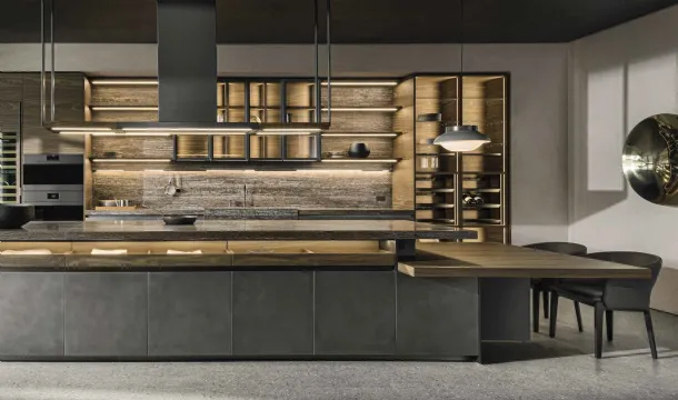 Design kitchen with VVD island in Nebula Steel and Thermo Oak with Molteni & C travertine marble top.