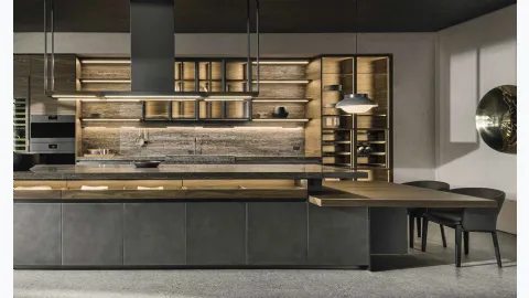 Design kitchen with VVD island in Nebula Steel and Thermo Oak with Molteni & C travertine marble top.
