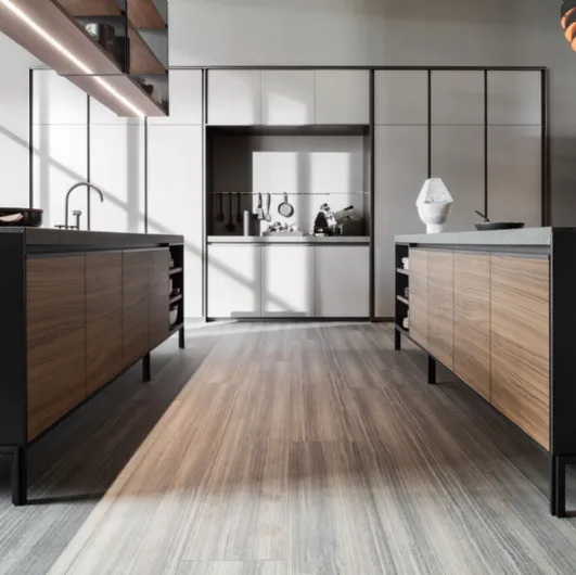 Design kitchen with VVD island in Walnut with a Green Porphyry top and matte lacquered columns by Molteni & C