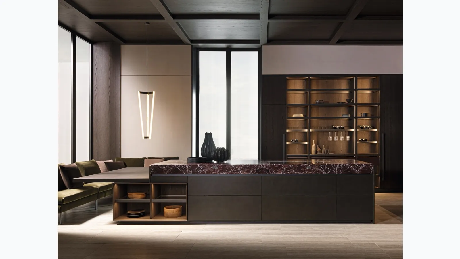 Design kitchen with VVD island in melamine Midnight Oak and Red Levanto marble top by Molteni & C.