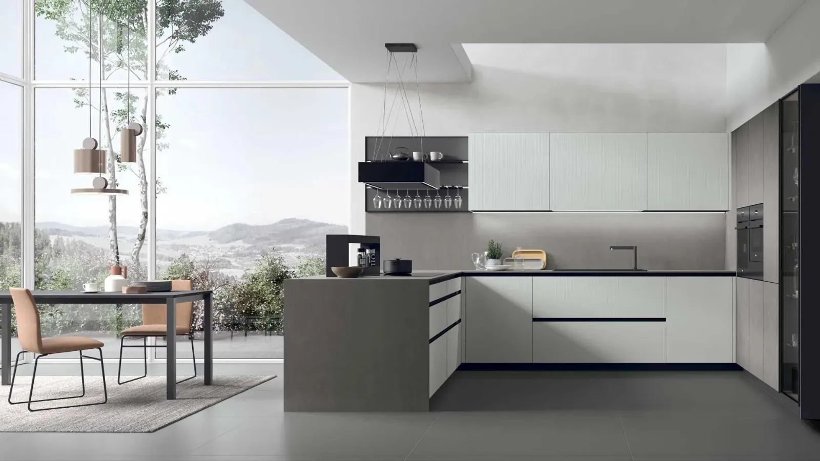 Modern kitchen with Aliant 14 peninsula by Stosa.