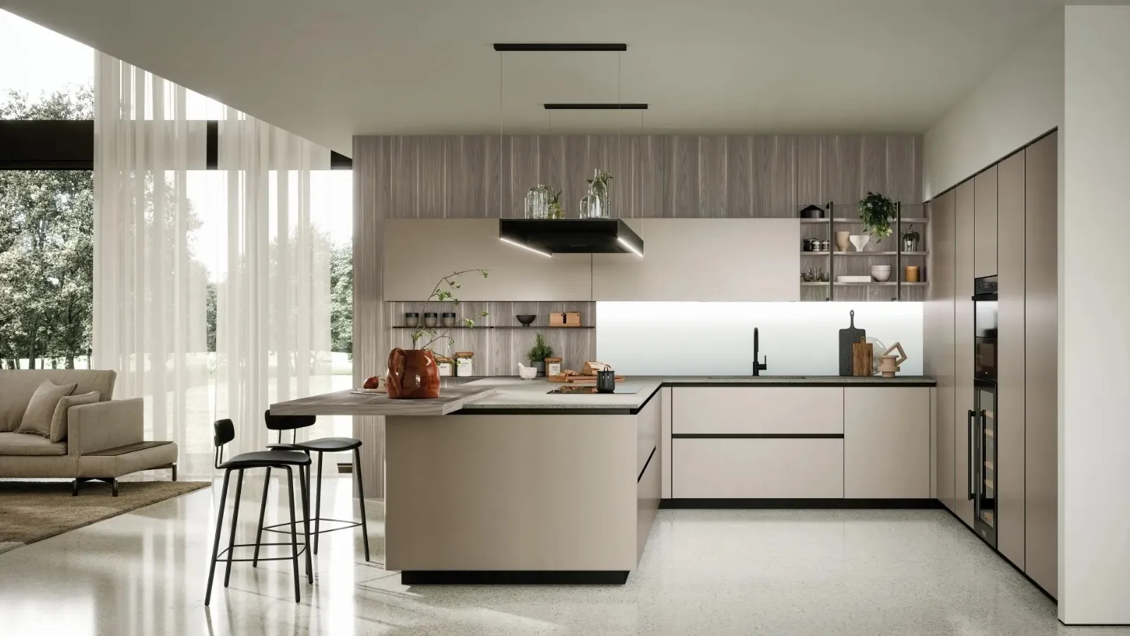 Modern kitchen with Forma Cucine's Aria Tech 04 peninsula.
