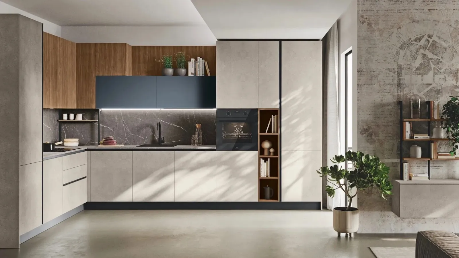 Modern corner kitchen Art-Kaya 06 in textured concrete by Stosa.