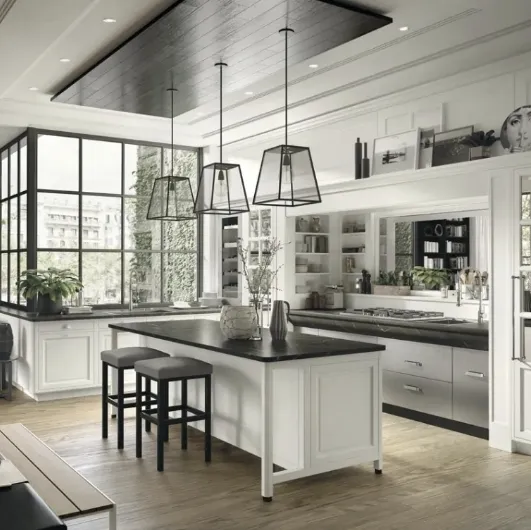 Modern kitchen with Bellagio island in lacquered wood and steel by Marchi.