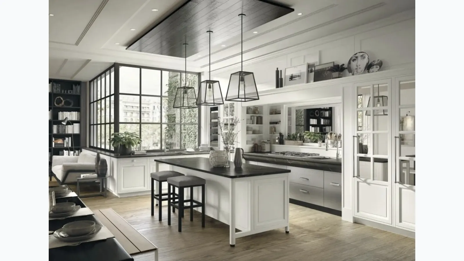 Modern kitchen with Bellagio island in lacquered wood and steel by Marchi.
