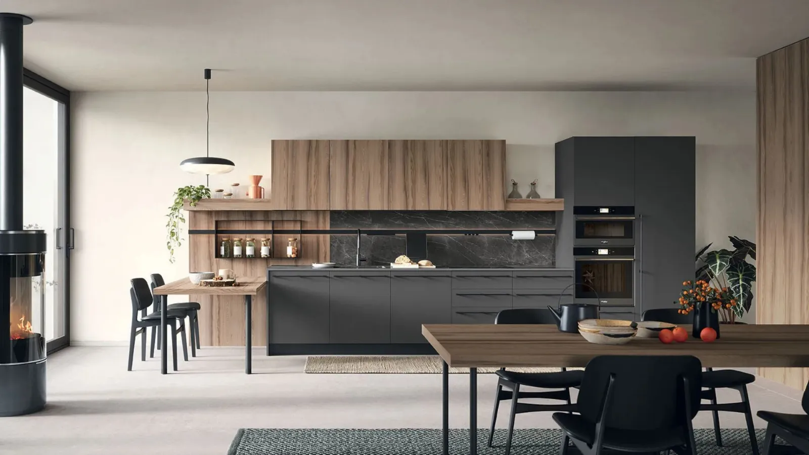 Modern kitchen with Colibrì 05 peninsula by Forma Cucine.
