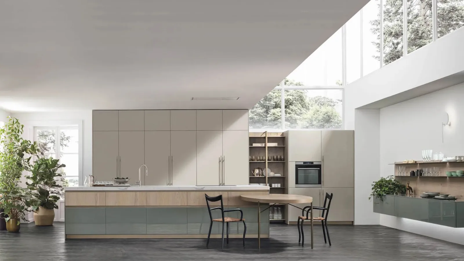 Modern kitchen with Color Trend 01 island in matte and glossy lacquered finish by Stosa.