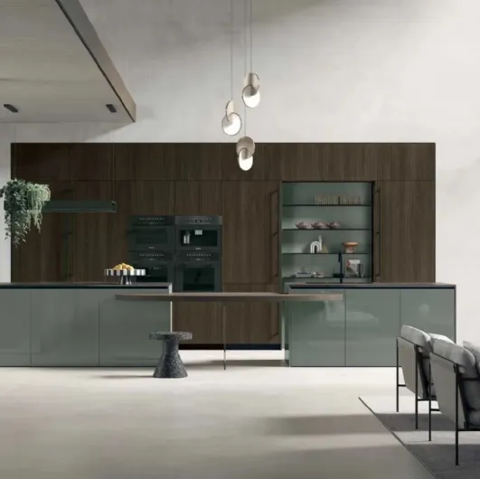 Modern kitchen in thermally treated oak with an island in glossy lacquered Color Trend 06 by Stosa