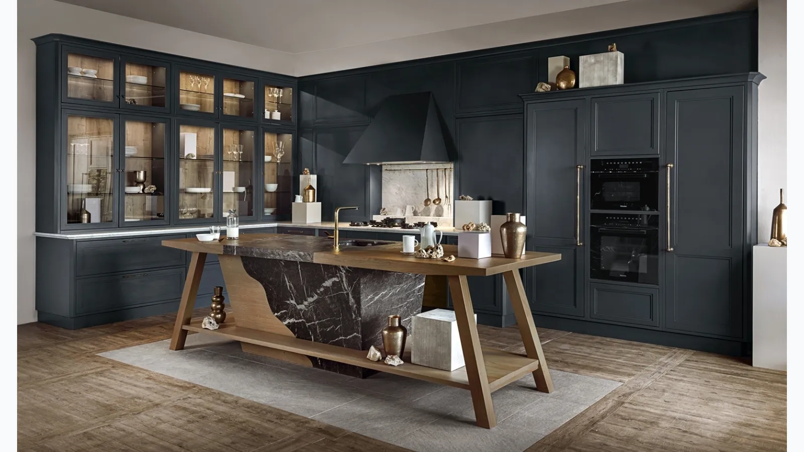 Modern corner kitchen with Convivium island in lacquered wood by Marchi