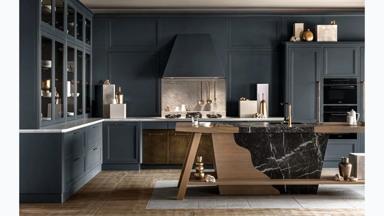 Modern corner kitchen with Convivium island in lacquered wood by Marchi