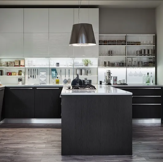 Modern kitchen in dark ash wood and glossy lacquer with Extra peninsula by Veneta Cucine.