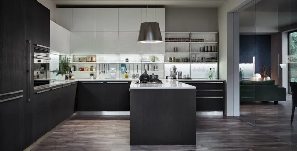 Modern kitchen in dark ash wood and glossy lacquer with Extra peninsula by Veneta Cucine.