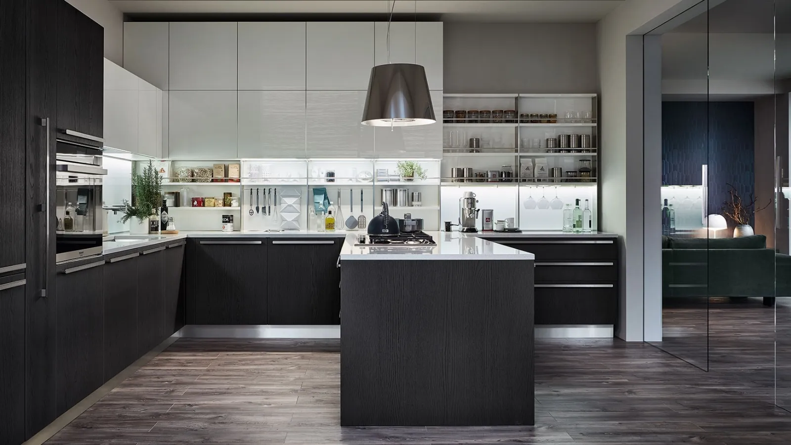 Modern kitchen in dark ash wood and glossy lacquer with Extra peninsula by Veneta Cucine.