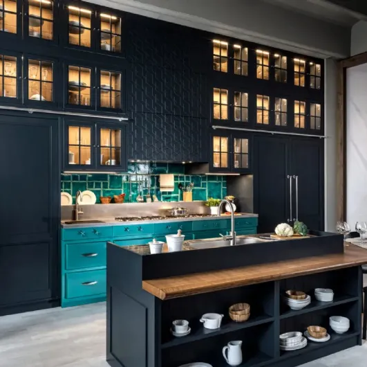 Modern kitchen with Icon lacquered wood island by Marchi.