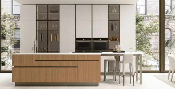 Modern Iconic Kitchen 04 in Light Walnut and Pure White Glass by Veneta Cucine