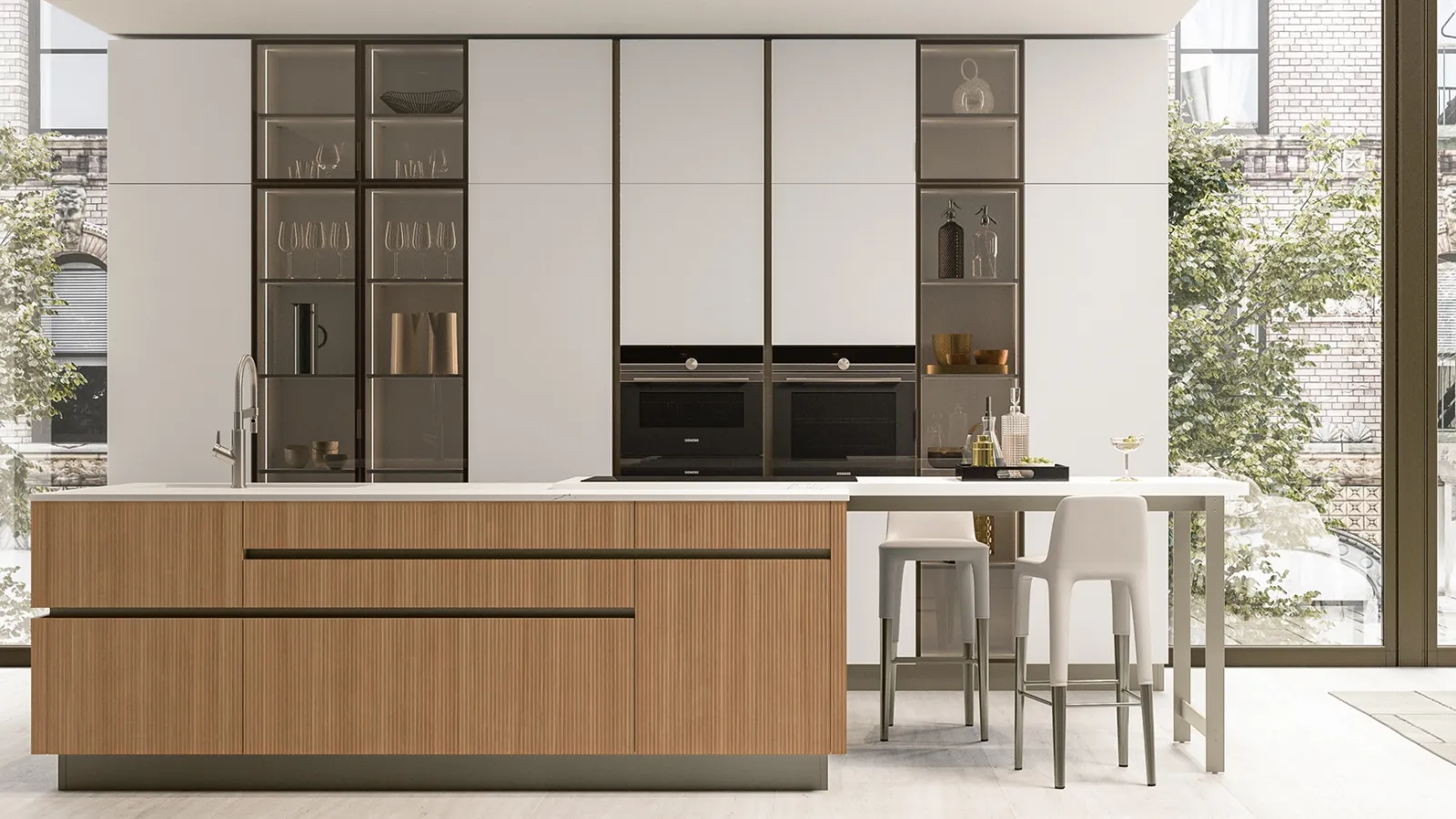 Modern Iconic Kitchen 04 in Light Walnut and Pure White Glass by Veneta Cucine