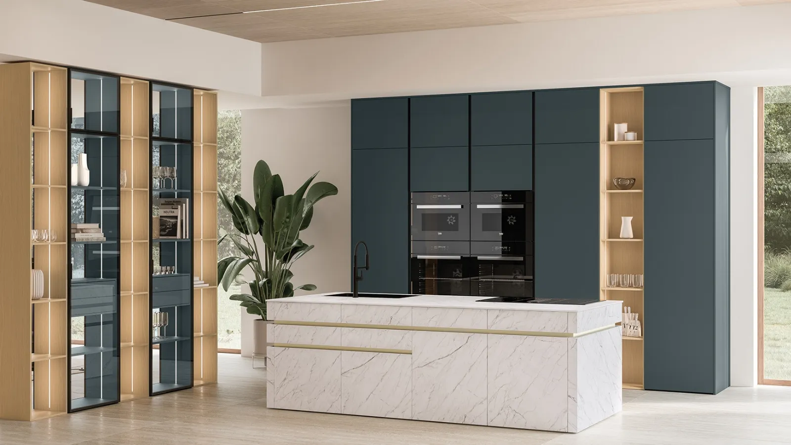 Modern kitchen in lacquered finish with Iconica 06 ceramic island by Veneta Cucine.