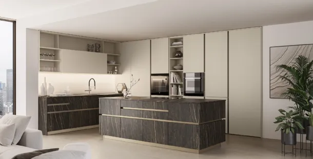 Modern kitchen with iconic island 07 in lacquer and ceramic by Veneta Cucine.